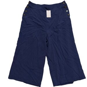 Sugarlips Wide Leg Crop Pants Women 2X Navy Blue Sailor Button Linen Blend